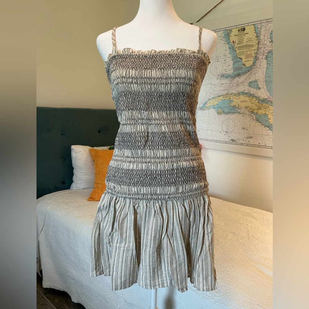 Promesa Gray and Tan Smocked Mini Sundress Linen Blend